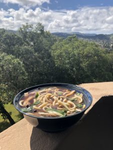 Blue bowl filled with ramen against green trees and a blue sky