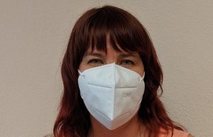 San Rafael acupuncturist Katharine Chaney shows best mask for wildfire smoke.