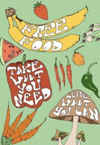Text reads: Free Food, Take What You Need, Leave What You Can, Drawings picture bananas, carrots, peppers, pizza and mushrooms