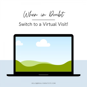 Text reads: "When in doubt, Switch to a Virtual Visit!" Graphic below: Lap top computer with green hills, blue sky and cloud on desktop