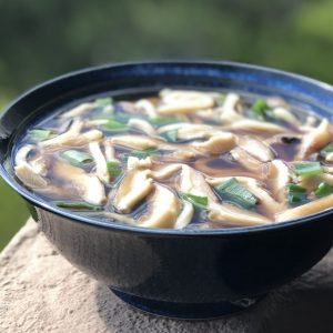 Blue bowl filled with brown broth, mushrooms and green onions