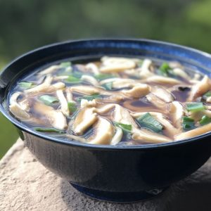 Blue bowl filled with brown broth, mushrooms and green onions