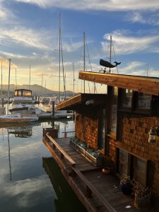 Brown house boat with weather vane in foreground. While boats in mid-ground and Mt Tam in background